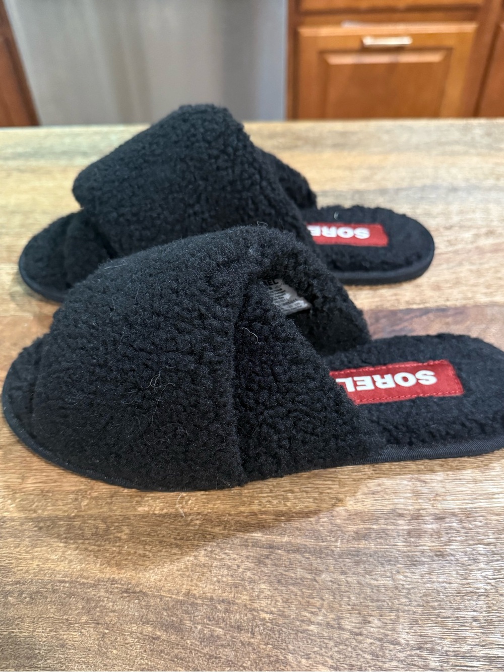 Sorel Kids Black Sherpa Slide Slippers with Red Logo